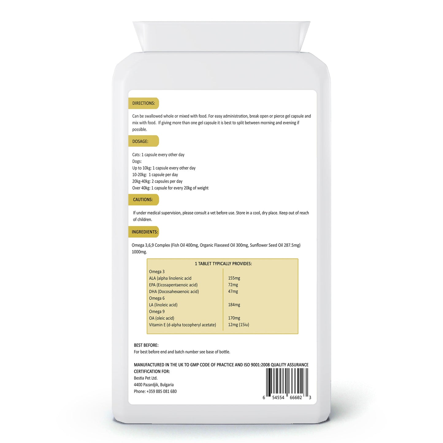 Bestia Dog Sport – Capsules Omega 3-6-9 pour Chien (120 capsules)